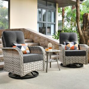 ovios outdoor swivel rocking chair set of 3 with coffee table, patio wicker rocker with comfortable thicken deep seating, comfy rattan glider chairs for porch deck balcony garden backyard (black)