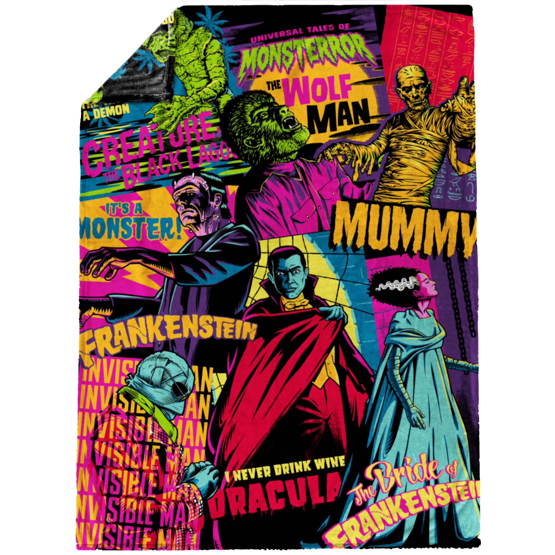 Universal Monsters Mashup Plush Throw Blanket - Measures 50 x 70 Inches, Super Soft Lightweight Bedding with Frankenstein, Dracula and The Mummy