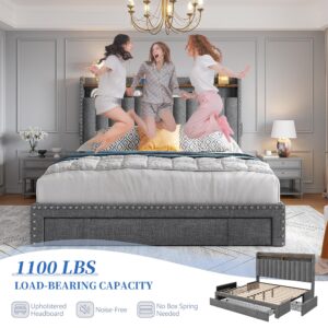 EnHomee Queen Bed Frame with 3 Drawers Upholstered Bed Frame Queen Size with Headboard, Queen Size Bed Frame, Queen Bed Frame with Storage, No Box Spring Needed, No-Noise, Easy Assembly, Grey