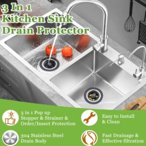 3-in-1 Upgarded Kitchen Sink Drain Stopper &Stainer Combo - Pop-Up Anti-Clog Basket for Fast Drainage , Includes 3 Reuseable Filters