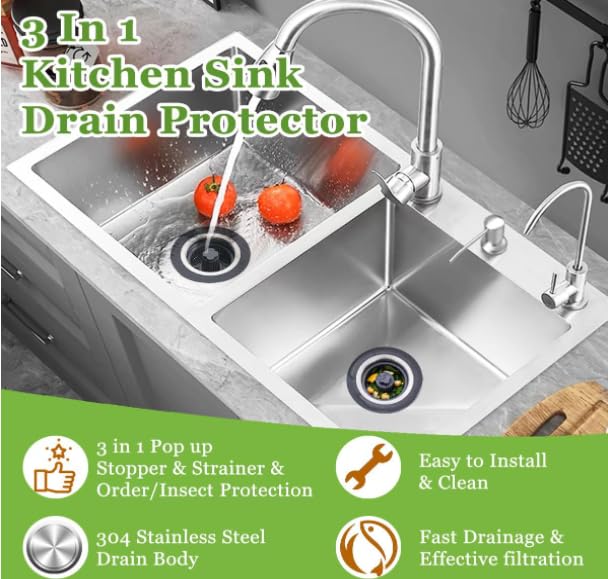 3-in-1 Upgarded Kitchen Sink Drain Stopper &Stainer Combo - Pop-Up Anti-Clog Basket for Fast Drainage , Includes 3 Reuseable Filters