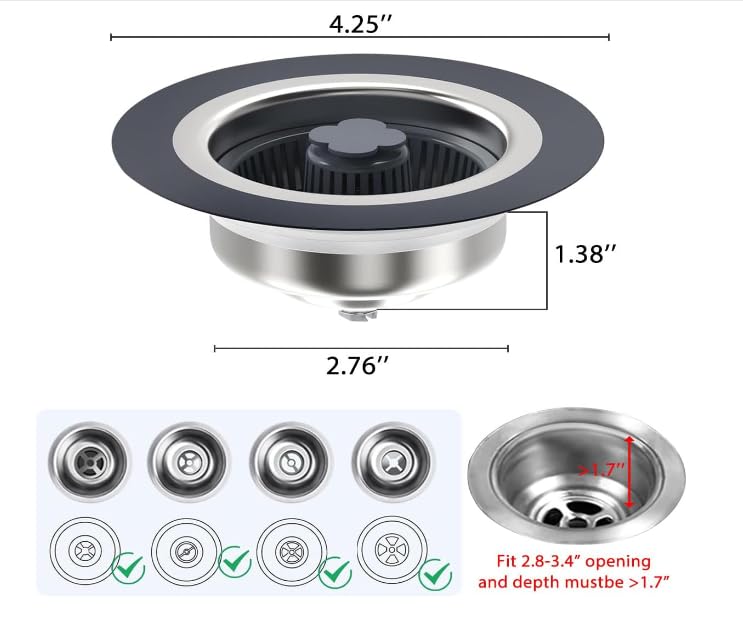 3-in-1 Upgarded Kitchen Sink Drain Stopper &Stainer Combo - Pop-Up Anti-Clog Basket for Fast Drainage , Includes 3 Reuseable Filters