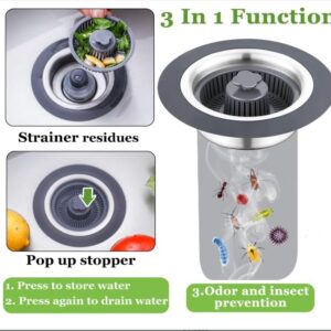 3-in-1 Upgarded Kitchen Sink Drain Stopper &Stainer Combo - Pop-Up Anti-Clog Basket for Fast Drainage , Includes 3 Reuseable Filters