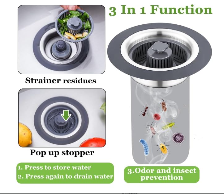 3-in-1 Upgarded Kitchen Sink Drain Stopper &Stainer Combo - Pop-Up Anti-Clog Basket for Fast Drainage , Includes 3 Reuseable Filters