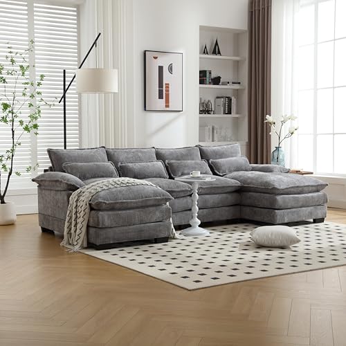 Oversized Modular Sectional Sofa Cloud Couch with Double Chaise Lounge, Extra Large U Shaped Couch, 6 Seater Comfy Chenille Upholstered Sleeper Sofa&Couches with Waist Pillows & Memory Foam