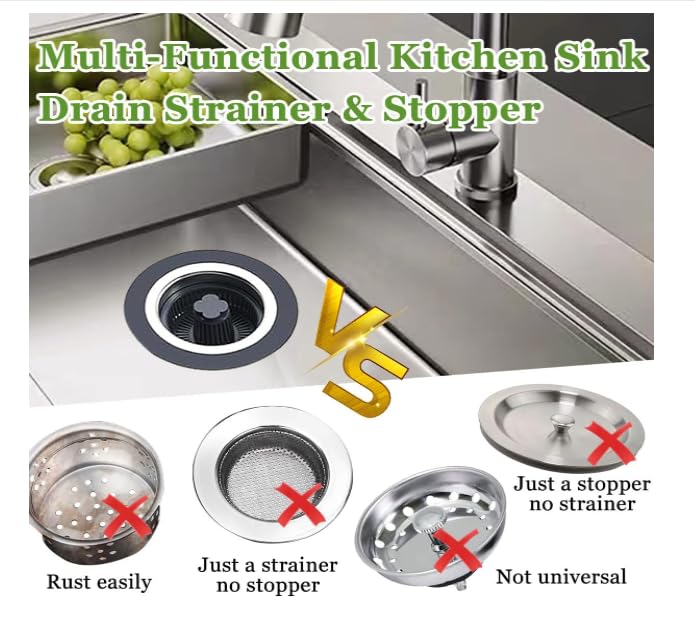 3-in-1 Upgarded Kitchen Sink Drain Stopper &Stainer Combo - Pop-Up Anti-Clog Basket for Fast Drainage , Includes 3 Reuseable Filters