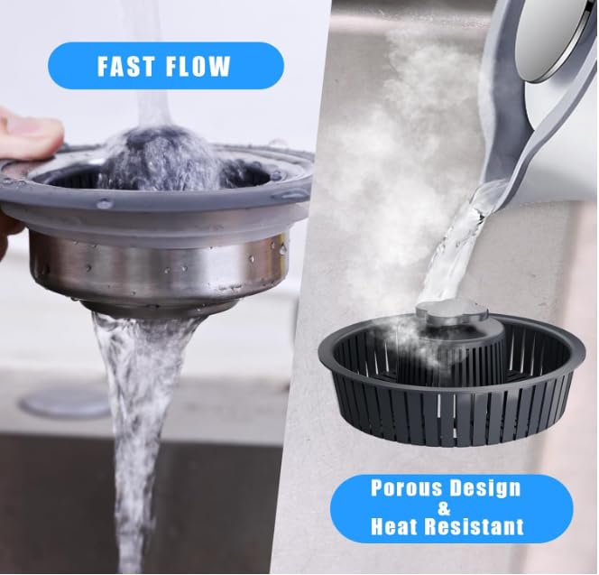 3-in-1 Upgarded Kitchen Sink Drain Stopper &Stainer Combo - Pop-Up Anti-Clog Basket for Fast Drainage , Includes 3 Reuseable Filters