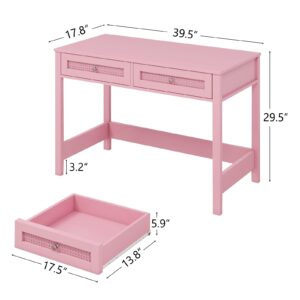 Vikiullf Pink Desk with Drawers - 39 in Study Writing Table Makeup Vanity Desks for Small Spaces, Modern Home Office Desk with 2 Rattan Drawers, (Pink, 39.5)