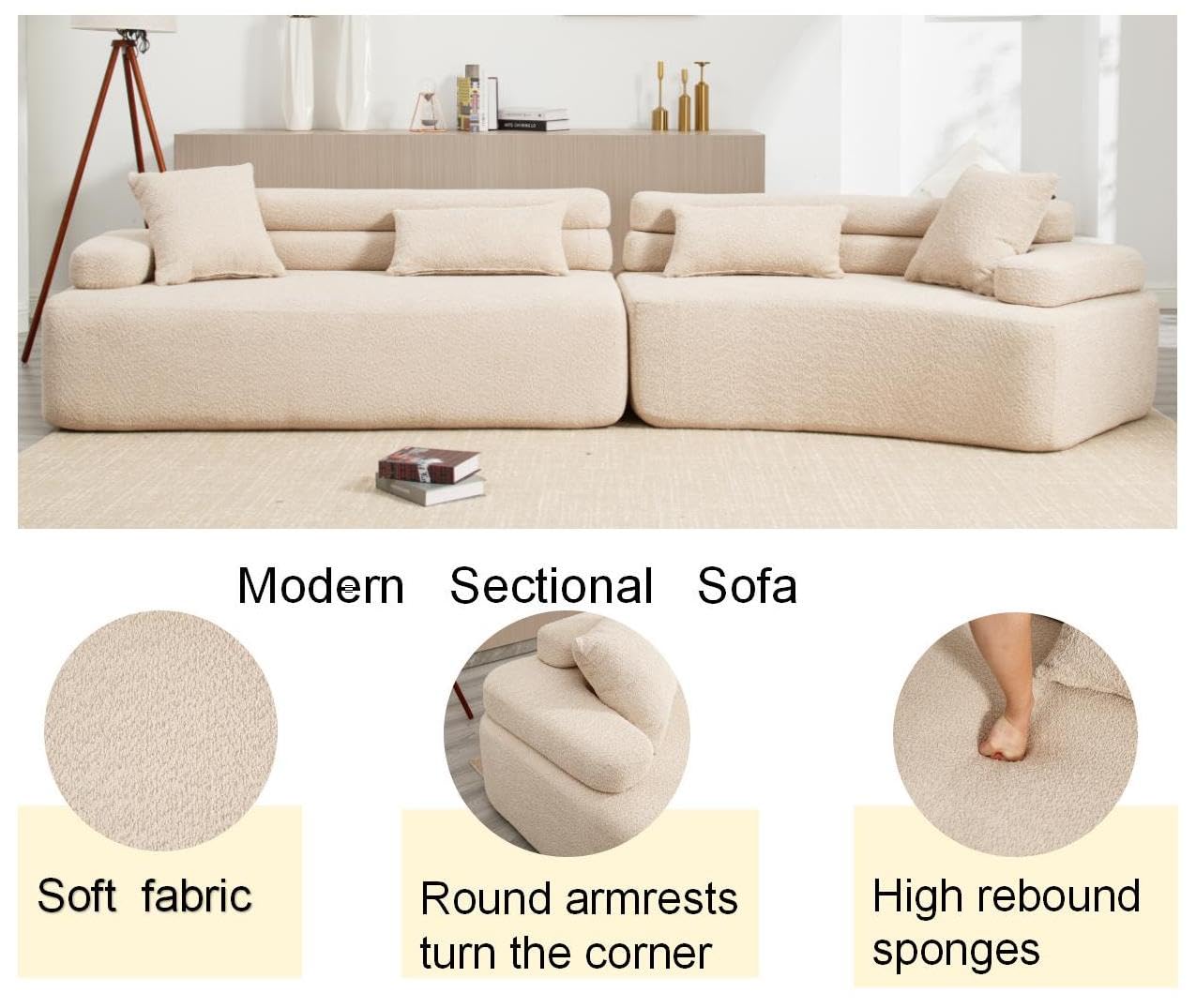 Modular Sectional Sofa, 139" Modern Minimalist Upholstered Curved Sofa Couch with 4 Pillows, 2 Piece Combination 4 Seater Sofa for Living Room Apartment Bedroom Office, No Assembly Required (Khaki)