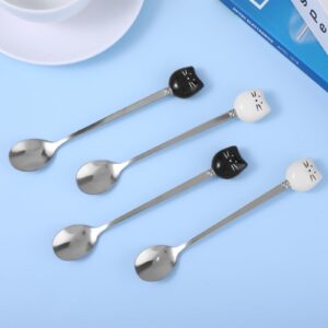 4PCS Cute Cat Spoon Coffee Stir Spoons Tea Spoons for Tea Party Cat Spoons for Wet Food Ceramic Stainless Steel Spoons for Cat Cute Stainless Steel Cat Head Spoon for Stirring Tea Coffee (Black White)