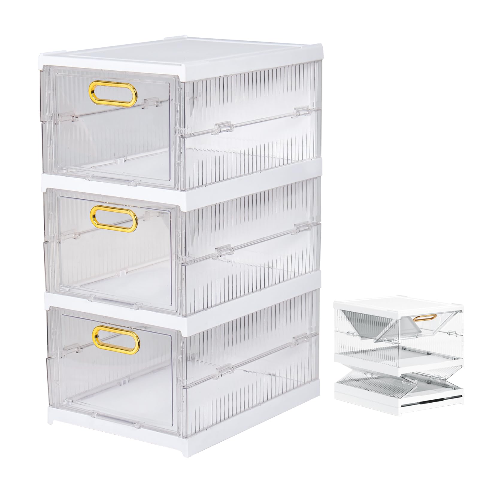 CiBiZi Clear Stackable Collapsible Storage Bins with Lids 3 Tiers Storage Drawers Plastic Drawers Snack Organizer-Storage Solution for Closet Organization Stackable Shoe Boxes