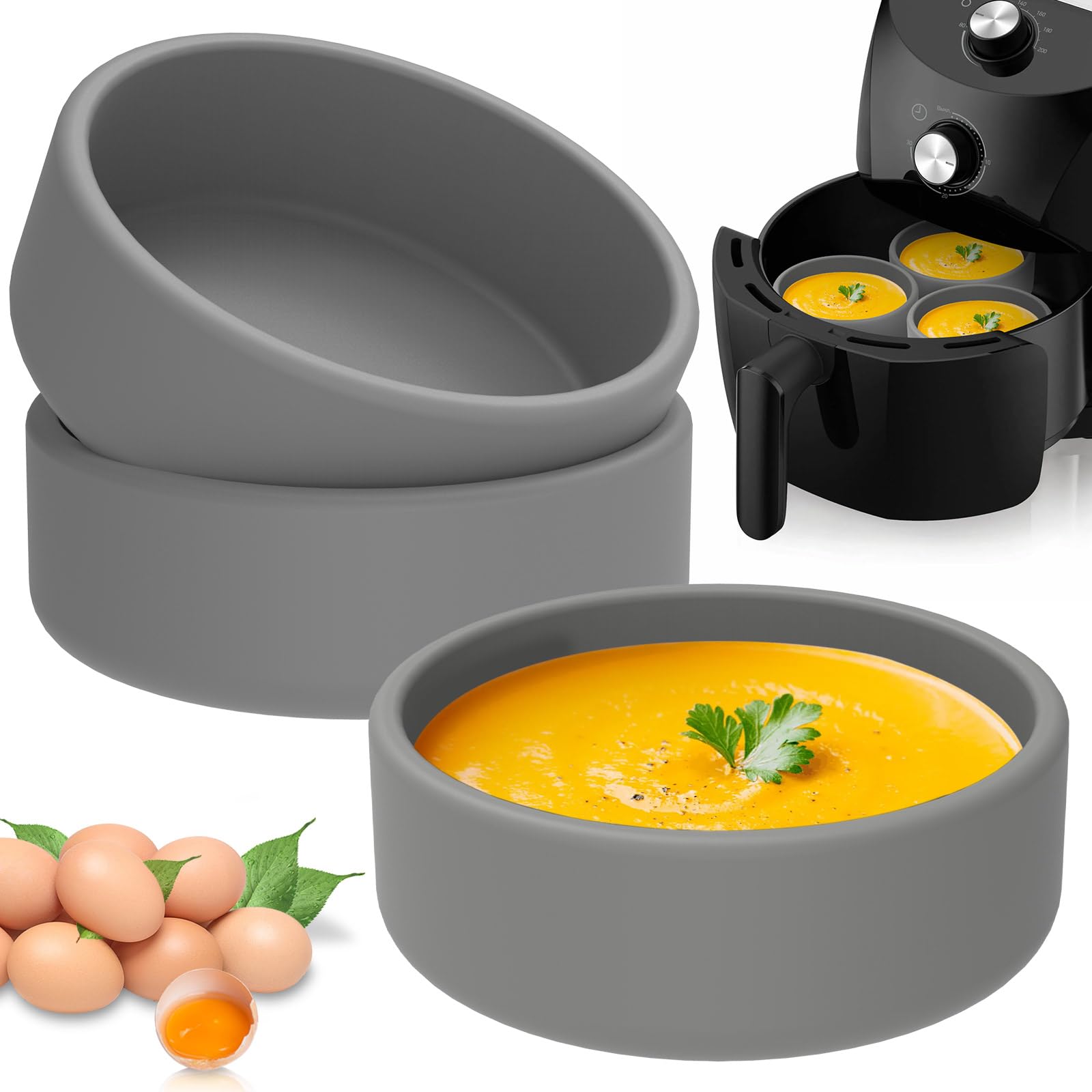 3Pcs Silicone Air Fryer Egg Mold, 4-Inch Reusable Nonstick Egg Bites Pan-Alternative to Microwave Egg Cooker/Sous Vide Egg Bite Maker,BPA Free,Dishwasher Safe,Air Fryer Accessories(Grey,3pcs)