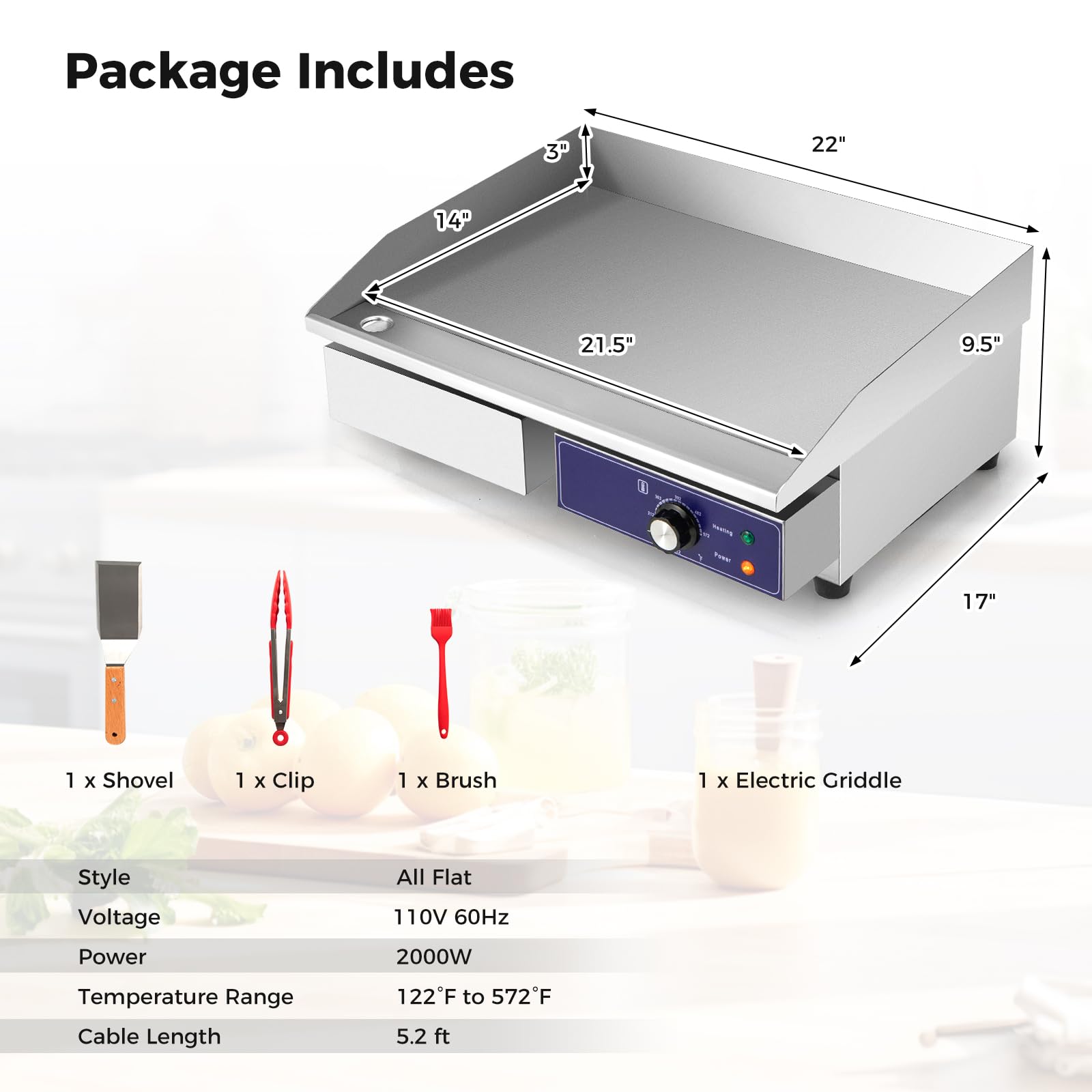 Giantex Commercial Electric Griddle 22" - 110V 2000W Countertop Griddle with Cast Iron Griddle Plate & Stainless Steel Frame, Restaurant Teppanyaki Flat Top Grill, Adjustable Temp Control 122℉-572℉