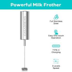 CASABREWS Milk Frother Wand, Handheld Stainless Steel Coffee Frother, Powerful Drink Mixer with Stand, Rechargeable Electric Whisk with 3 Speeds for Lattes, Cappuccinos, Matcha, and Hot Chocolate