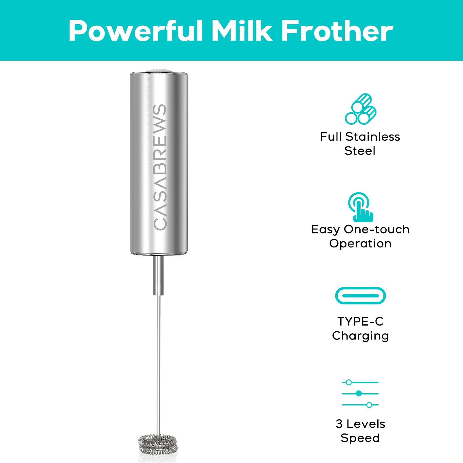 CASABREWS Milk Frother Wand, Handheld Stainless Steel Coffee Frother, Powerful Drink Mixer with Stand, Rechargeable Electric Whisk with 3 Speeds for Lattes, Cappuccinos, Matcha, and Hot Chocolate