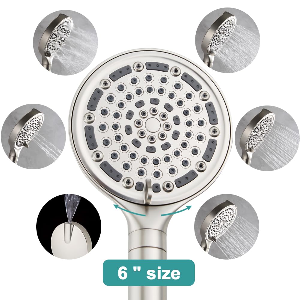 Single Handle Shower Faucet Set with Valve High Pressure 6 Inch with 6 Spray Modes Showerhead with Filters,Shower Head with Handheld, Shower Trim Kit Shower Fixtures,Brushed Nickel