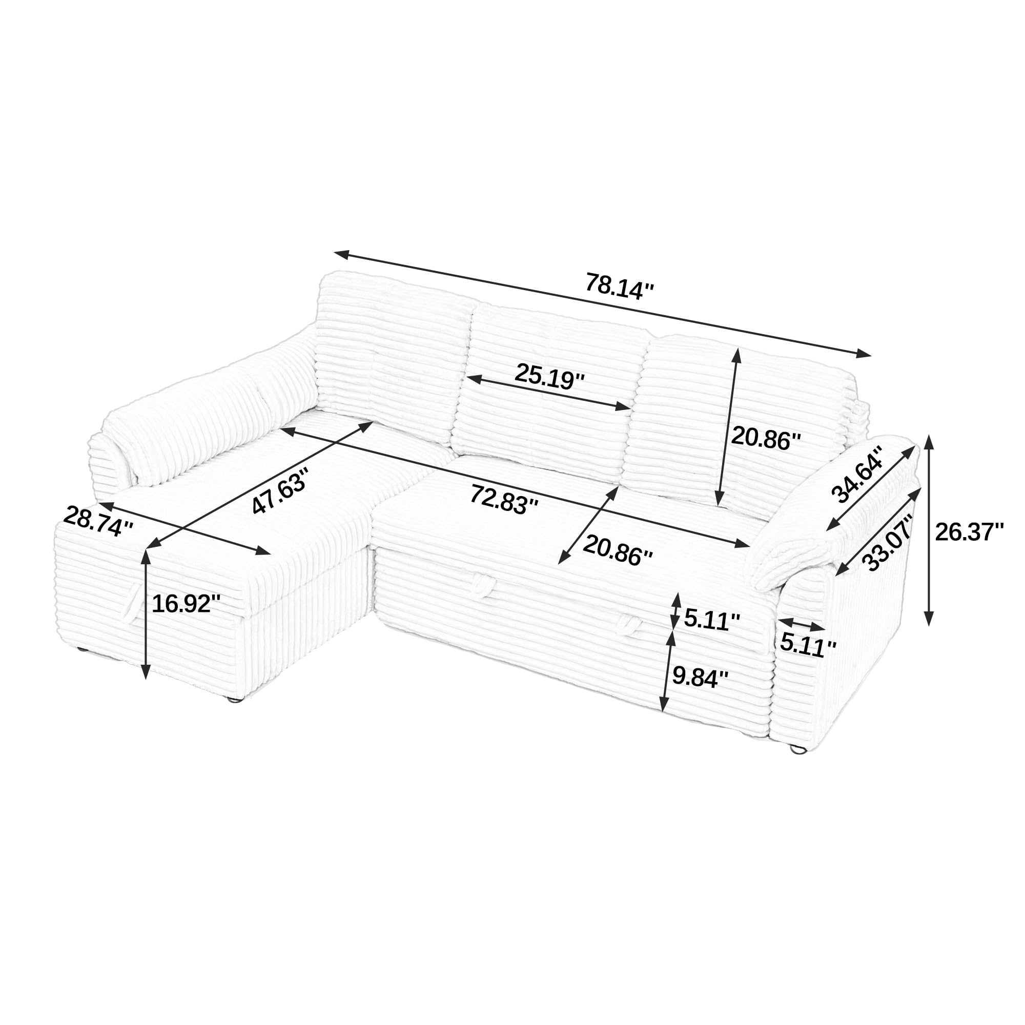 LUMISOL 90" Convertible Sectional Sofa with Pull Out Bed, L-Shaped Sleeper Sofa Bed with Storage Chaise, Modern Corduroy Sectional Sofa Couch for Living Room, Small Apartment, Beige