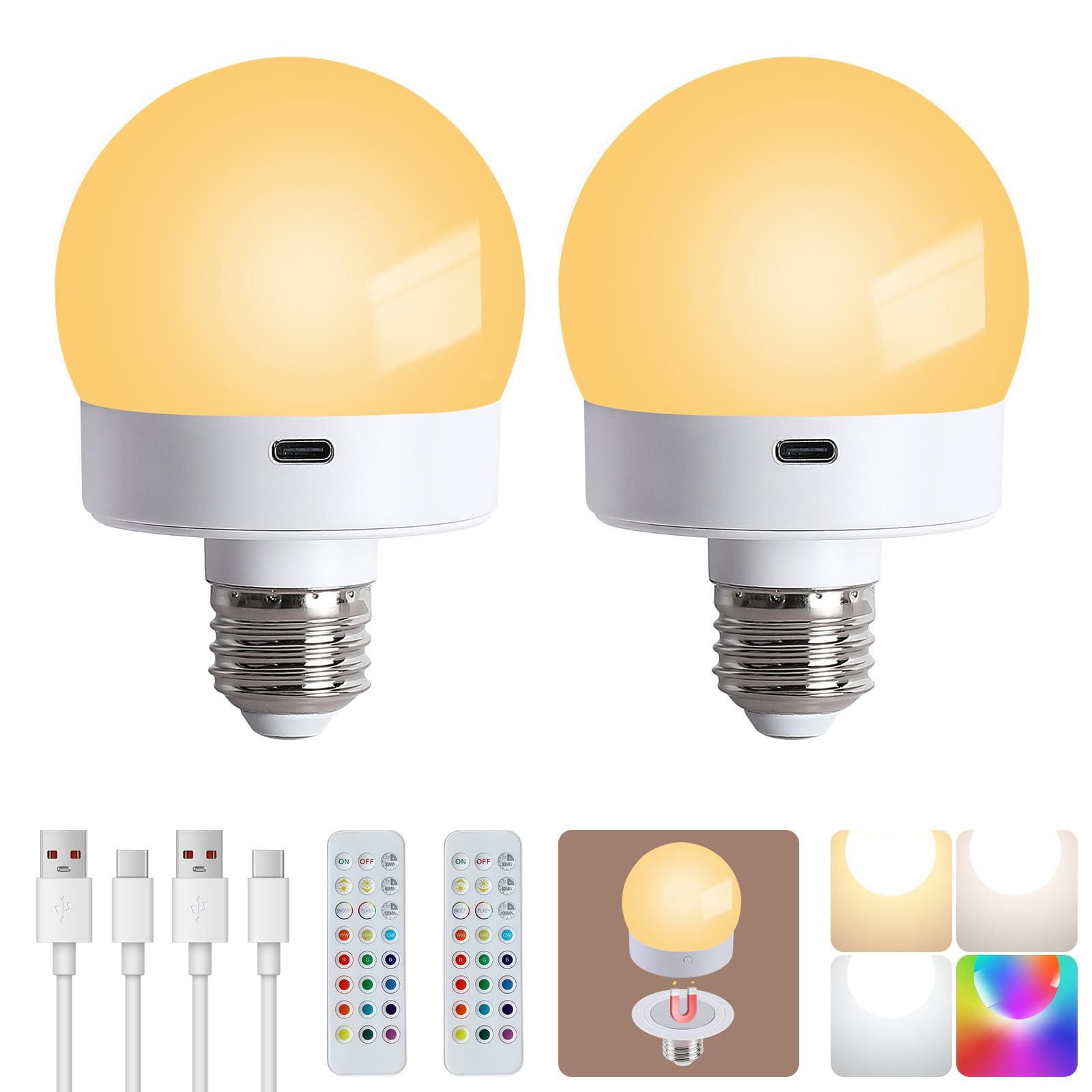 Rechargeable Battery Operated Powered Light Bulbs with Remote Control 2 Pack,Wireless Detachable Magnetic USB Charging LED Bulb, 380 LM Dimmable, 3 Colors, Timer,12 Colors Selectable Puck Lights Bulb