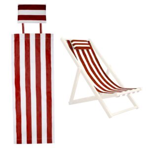 Wedhapy Patio Chair Replacement Fabric, 45x17 Folding Sling Chair Replacement Fabric with Pillowcase, Red and White Stripes Patio Chair Sling Replacement for Home Beach BalconyPatio Chair