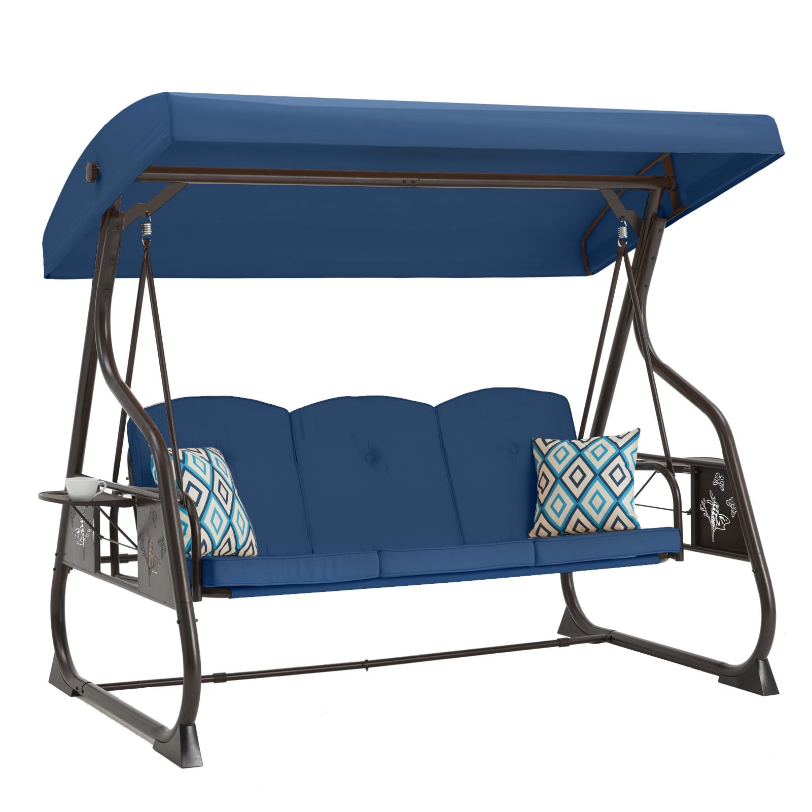 ZZW 3-Seat Patio Porch Swing 800LBS Outdoor Swing with Stand w/Canopy & Adjustable Backrest Patio Glider Chair w/Removable Pillows & Foldable Side Tray for Balcony Garden Deck (Blue)