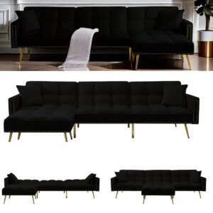 GlasFlength Sectional Couches for Living Room - Convertible Sleeper Sofa Bed, Reversible Chaise Lounge, Nailhead Decor L-Shaped Sectional Sofa Bed for Home, Office, Apartment - Black