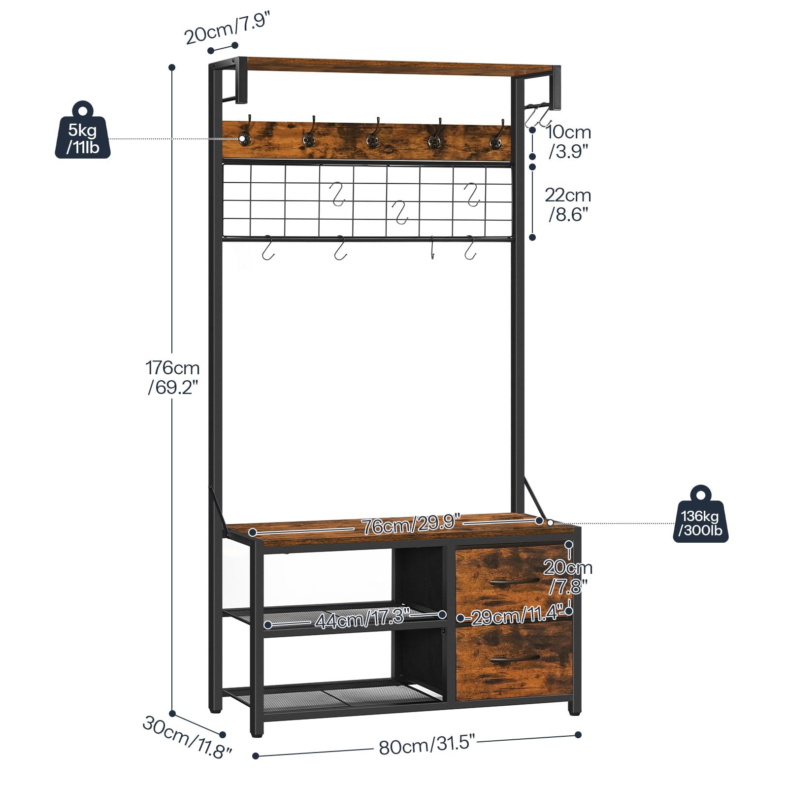 HOOBRO Hall Tree with Bench, 31.5" Coat Rack with Shoe Storage, 2 Fabric Drawers, Entryway Bench with Coat Rack, Coat and Shoe Rack for Entryway, 9 S-Shaped Hooks, Rustic Brown and Black BF08MT01