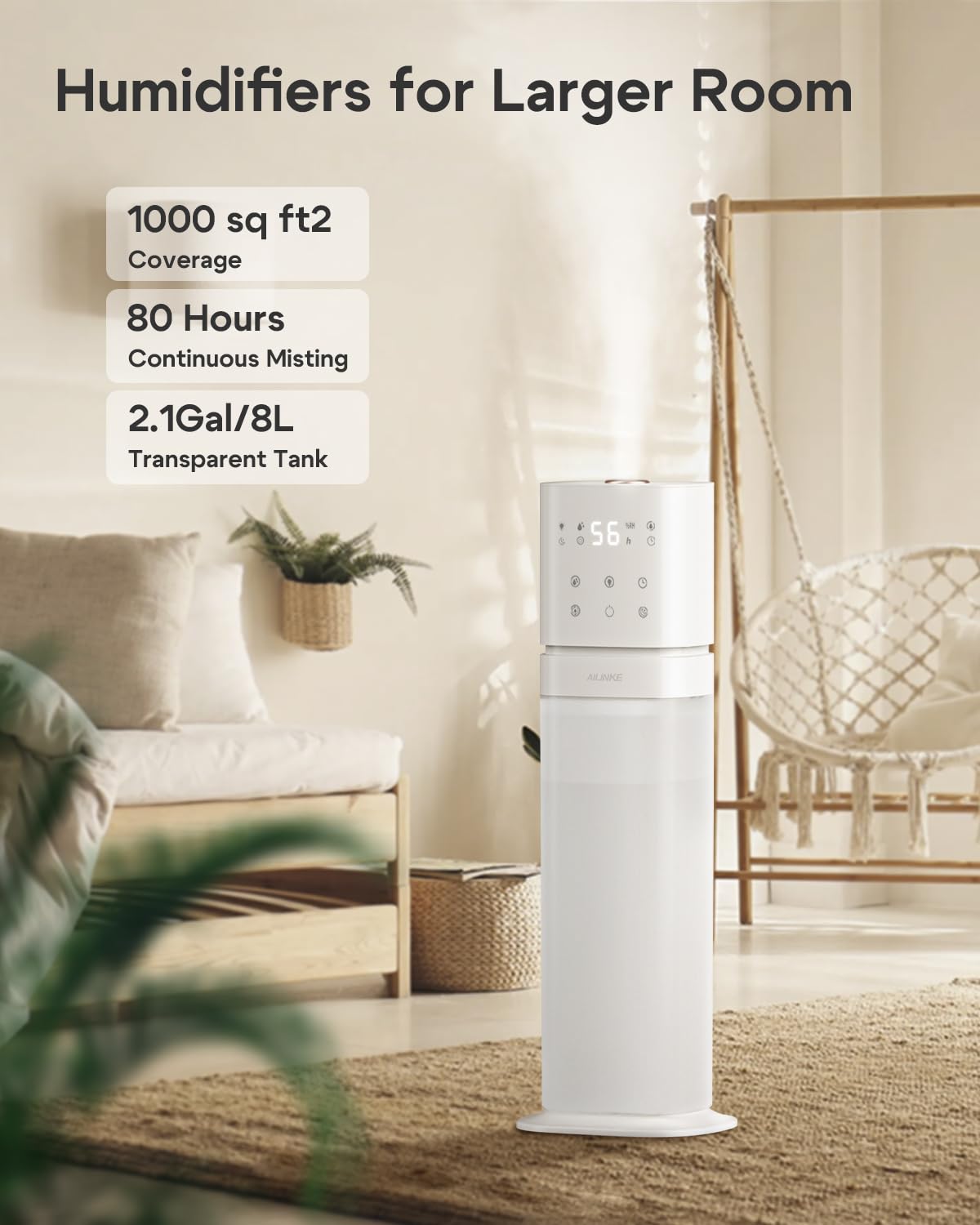 AILINKE Humidifier Large Room, 2.1Gal/8L Humidifiers for Bedroom with Extended Tube, Large Humidifiers 1000 sq.ft. Whole House Cool Mist Humidifier with Night Light, School/Office/Warehouse, White