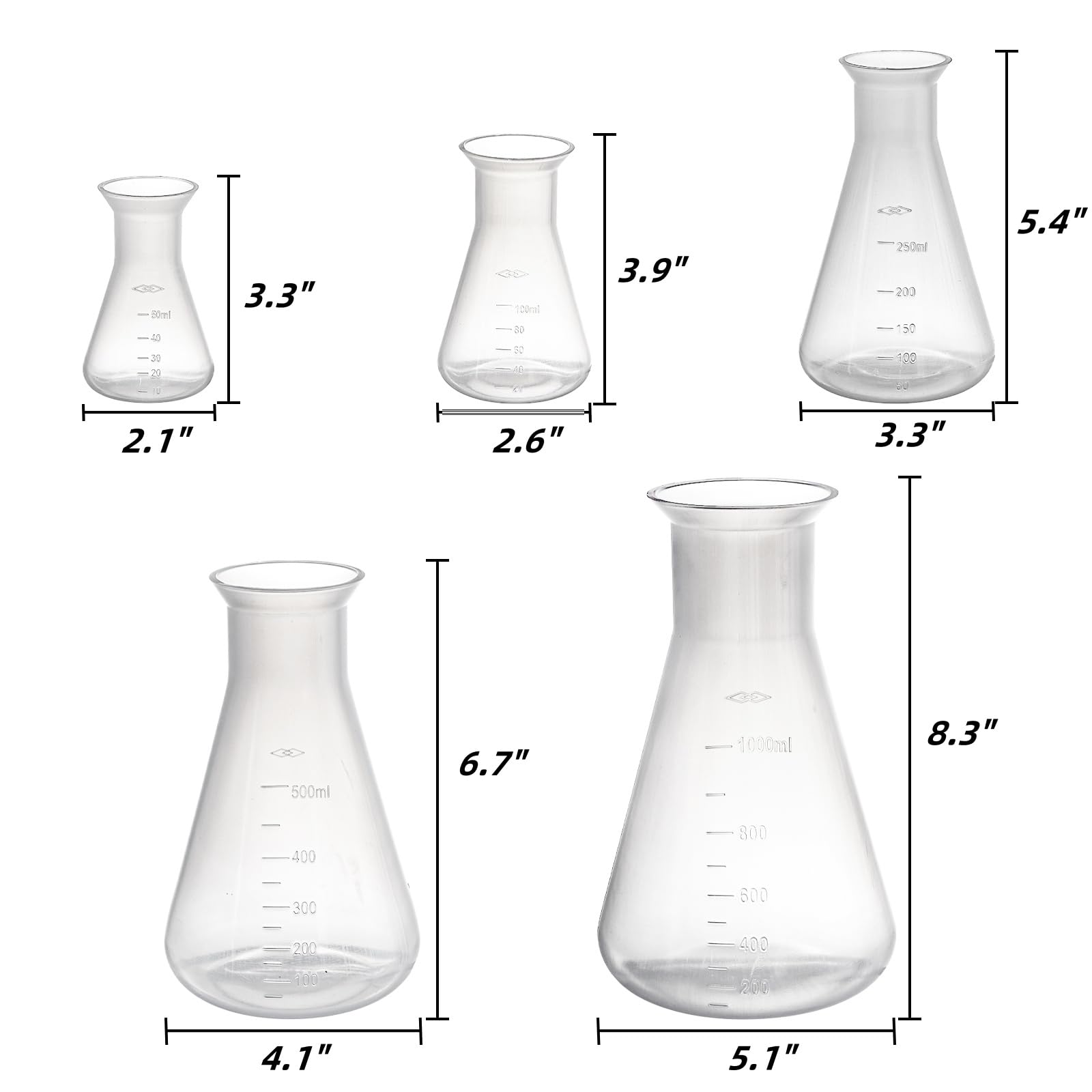 Covzoe 10 Pack Plastic Erlenmeyer Flask, Clear Scientific Conical Flask for Students Experiment, Laboratory Chemical Erlenmey Education Learning Tool, 50ml, 100ml, 250ml, 500ml, 1000ml