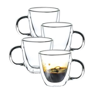 wlasss espresso cups set of 4, 6oz /170ml double walled glass coffee mugs, clear hand blown insulated espresso shot glass cups with handle, suit for espresso machine