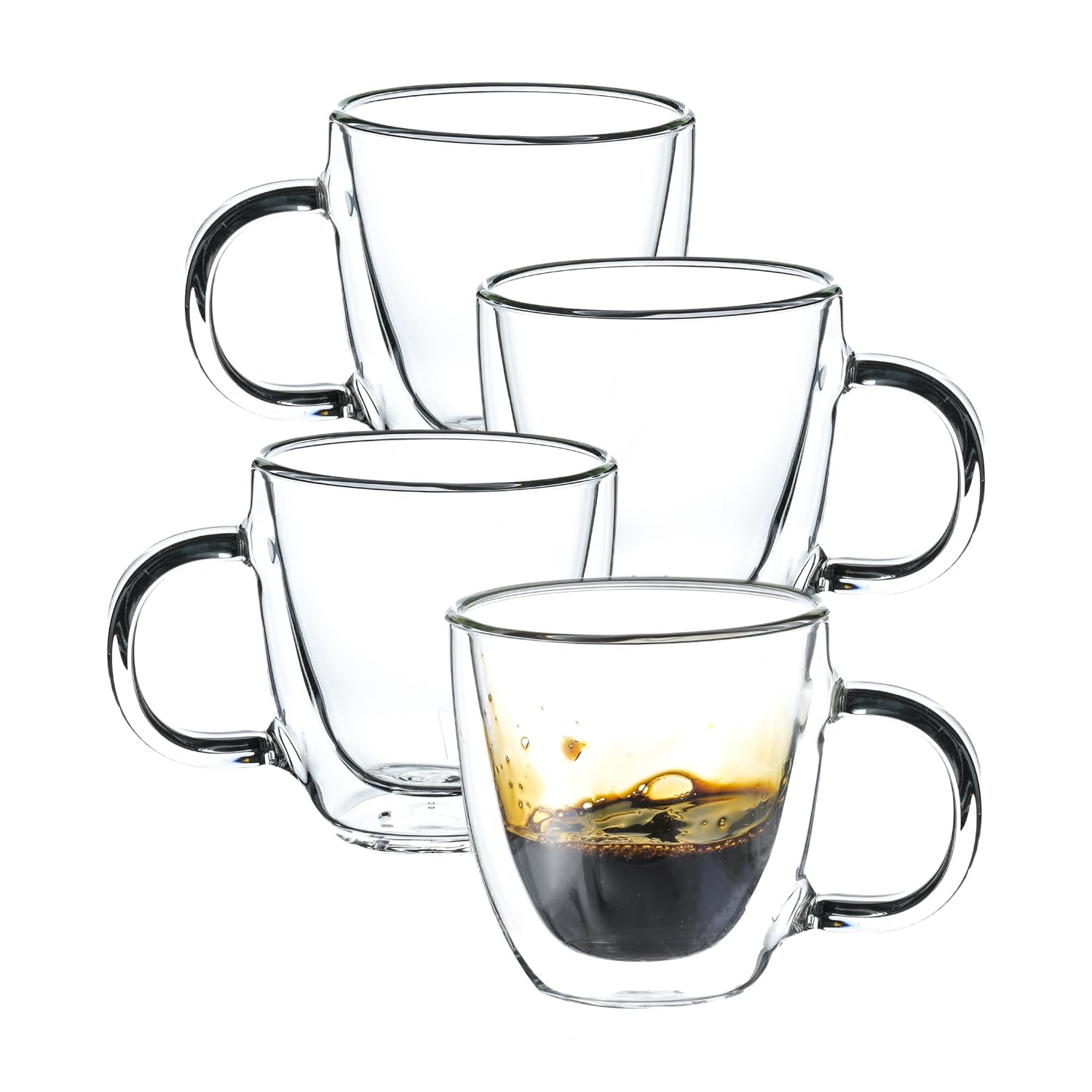 Wlasss Espresso Cups Set of 4, 6oz /170ml Double Walled Glass Coffee Mugs, Clear Hand Blown Insulated Espresso Shot Glass Cups with Handle, Suit for Espresso Machine