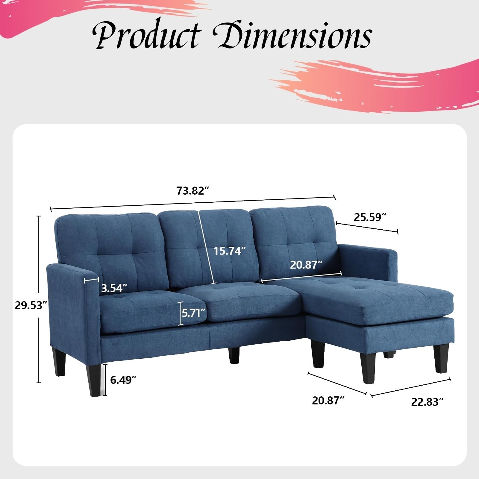 GlasFlength L Shaped Sectional Couches, Corner Sectional Couch Convertible Sleeper Sofa Bed Couch Set, Couch Sectional with Reversible Chaise Lounge for Living Room, Apartment - Blue