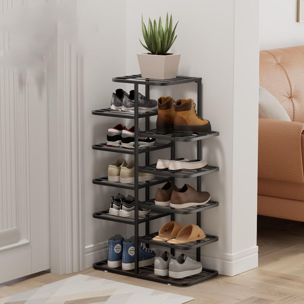 YYW Vertical Shoe Rack- Metal Narrow Shoes Shelf- 2 Rows Small Corner Shoe Storage Organizer for Entryway, Closet, Bedroom, Hallway (6 tiers - matte black)