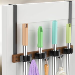 broom holder over the door - wood mop and broom holder wall mounted or hanging over the door with hooks - broom hanger, broom storage tool organizer with 4 racks and 3 hooks for garage closet laundry