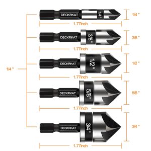 5 Pcs Countersink Drill Bit Set, 82 Degree, 5Flute with 1/4” Quick Change Hex Shank, Sizes 1/4” to 3/4” for Metal, Wood & Plastic, Ideal for Carpentry, Metalwork, Plastic Fabrication