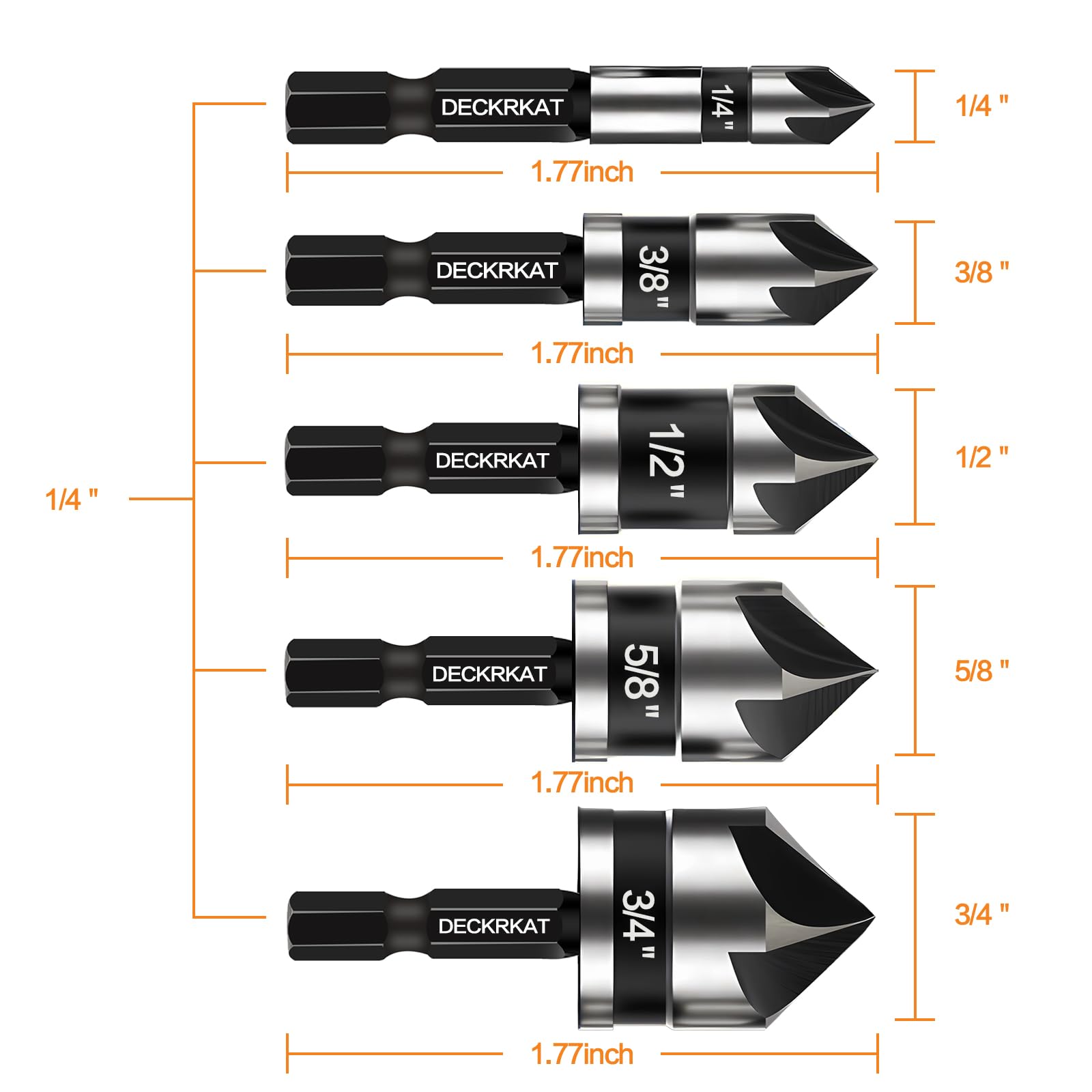 5 Pcs Countersink Drill Bit Set, 82 Degree, 5Flute with 1/4” Quick Change Hex Shank, Sizes 1/4” to 3/4” for Metal, Wood & Plastic, Ideal for Carpentry, Metalwork, Plastic Fabrication