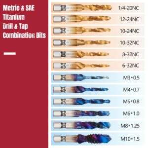 ColumPRO 12PCS Titanium Drill and Tap Combination Bits Set, 1/4” Hex Shank 3-in-1 Blue Coated Spiral Screw Tapping Multi-Function Bit for Drilling, Tapping and Countersinking (Metric&SAE)