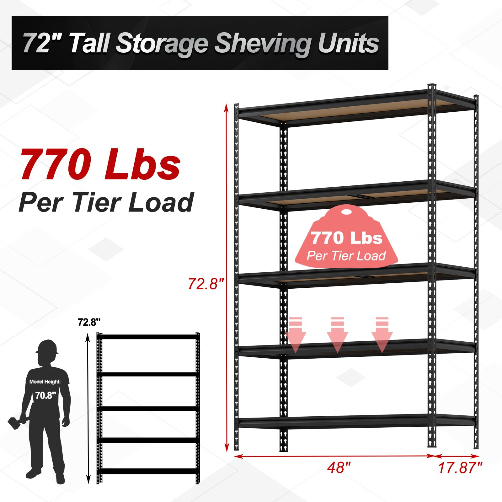 GarveeHome 5-Tier Storage Shelves, Heavy Duty Metal Shelving Unit, Adjustable Garage Storage Shelving Utility Rack for Warehouse Pantry Kitchen Basement Laundry, Black, 48" L x 18" W x 73" H