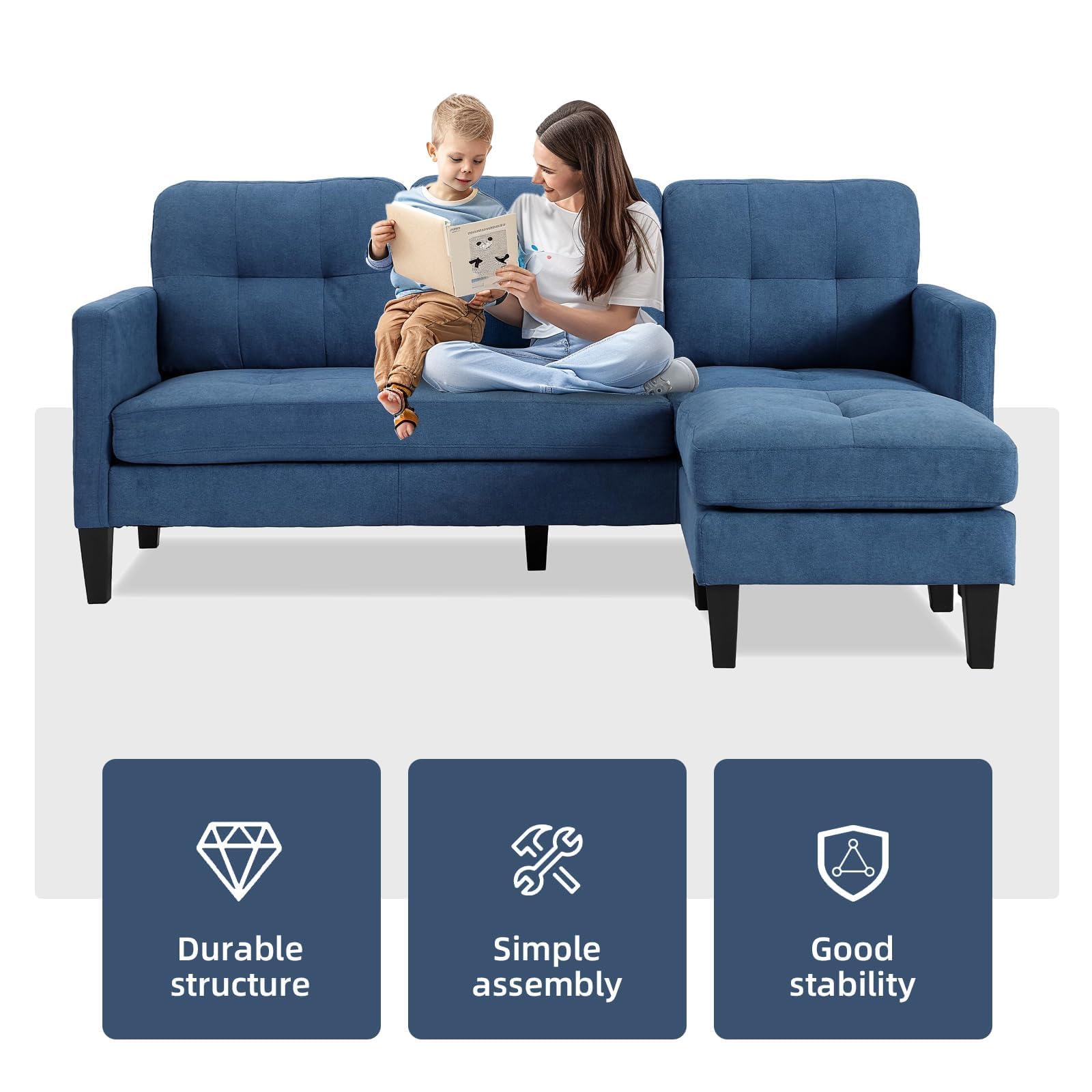 GlasFlength L Shaped Sectional Couches, Corner Sectional Couch Convertible Sleeper Sofa Bed Couch Set, Couch Sectional with Reversible Chaise Lounge for Living Room, Apartment - Blue