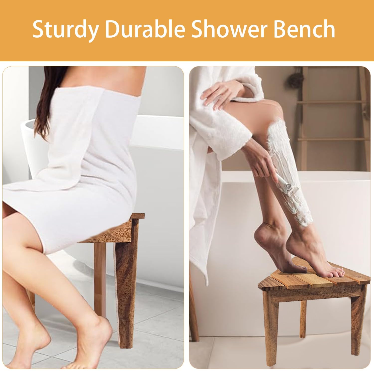 ODEDEN Shower Foot Stool for Shaving Legs, Acacia Wood Shower Foot Rest,15 inch Corner Shower Bench with Non-Slip Feet for Shower Stool for Inside Shower Bath, and Spa