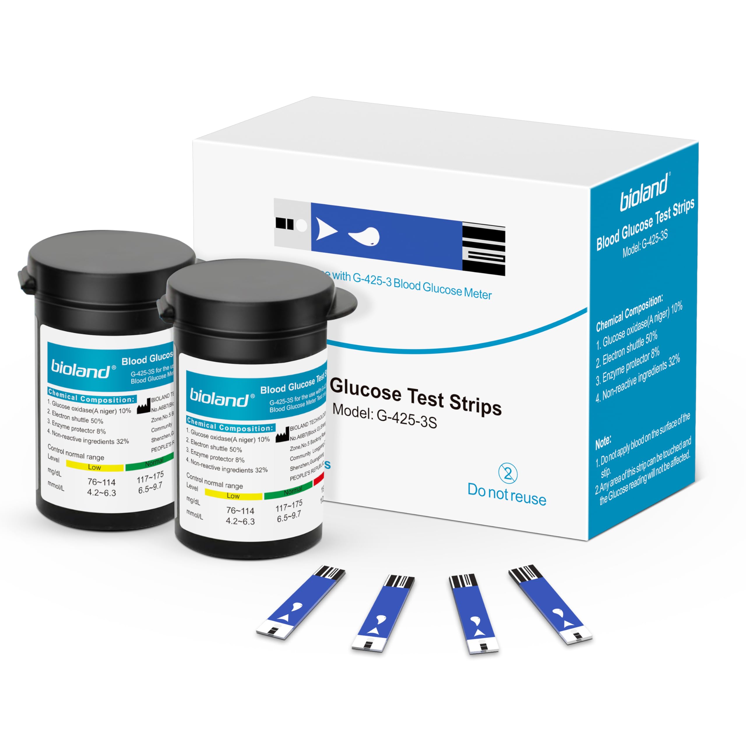 G-425-3S Diabetic Blood Test Strips*100, Used for G-425-3 Blood Glucose Monitor, 0.7μl Blood Sample, Accurate Measurement, Results in 5 Seconds, 2 Bottles of 50 Pieces Each