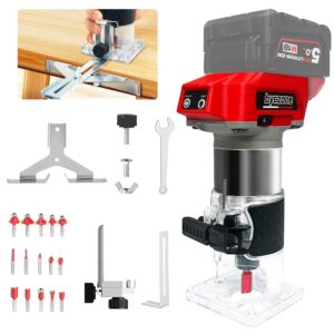 800w cordless wood router compatible with milwaukee 18v battery,30000rpm brushless motor router attach 15pcs 1/4" router bits,6 speeds hand trim router,edge guide,roller guide,(no battery)