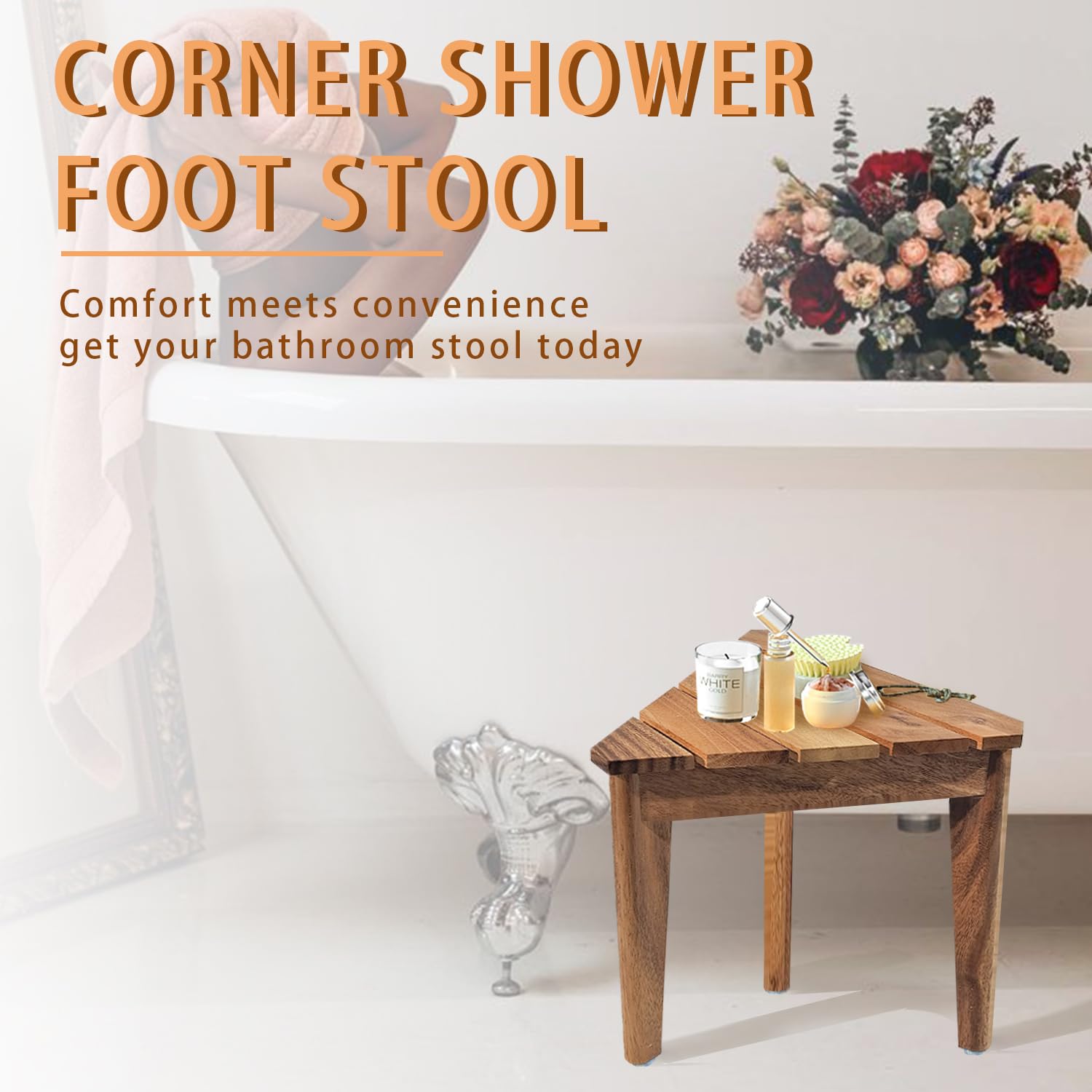 ODEDEN Shower Foot Stool for Shaving Legs, Acacia Wood Shower Foot Rest,15 inch Corner Shower Bench with Non-Slip Feet for Shower Stool for Inside Shower Bath, and Spa