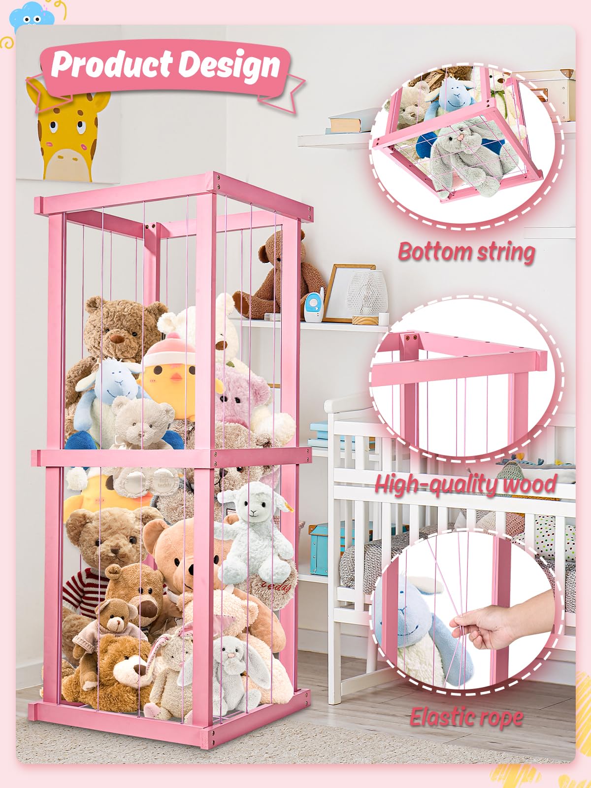 Feidyns Zoo Stuffed Animal Storage Wood, Extra Large Stuffed Animal Toy Zoo Storage Stuffed Animal Zoo Storage Holder Standing with Nets for Nursery Play Room Bedroom, Pink