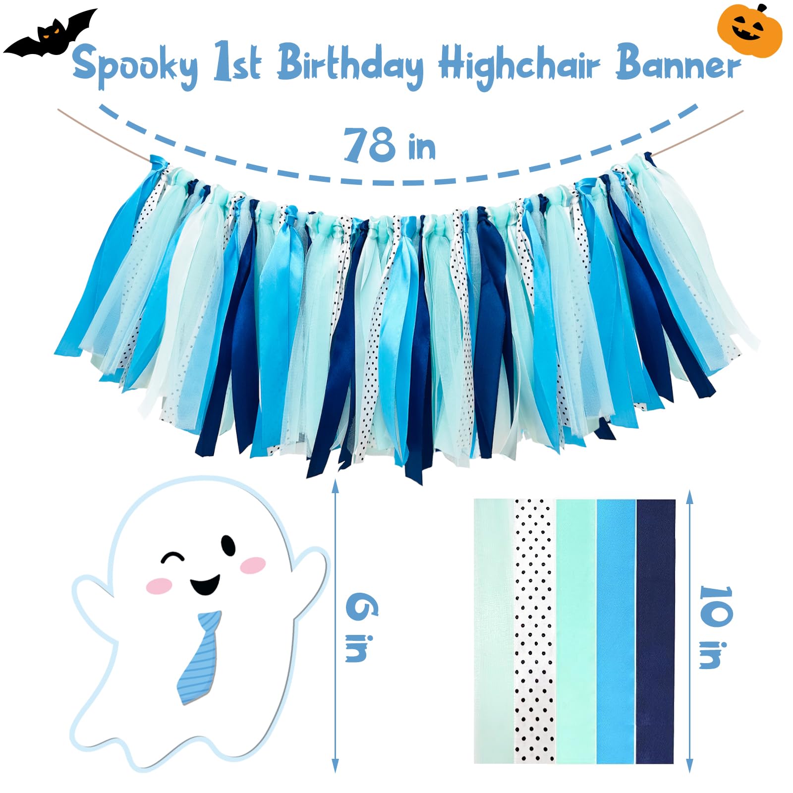 Fiesec Spooky One Birthday Highchair Banner Boy, Blue Halloween 1st Birthday Decorations Boy, Ghost First Party Decor, Little Boo Is One High Chair Ribbon Banner Smash Cake Photo Prop