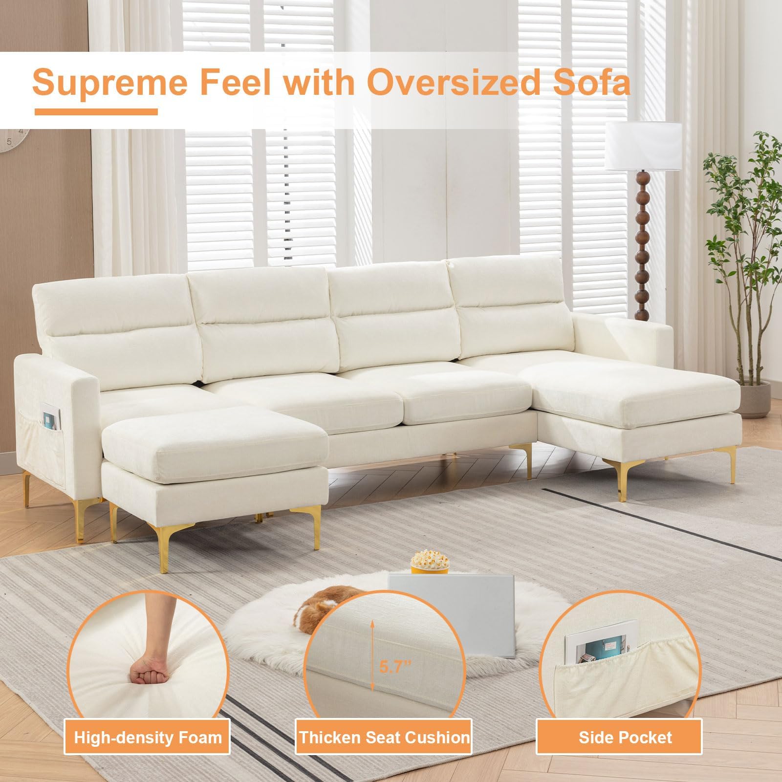 GlasFlength Sectional Couches for Living Room - U Shaped Sectional Comfy Sectional Couches, 4 Seat Sofa Sleeper with Double Chaise for Small & Large Spaces, Modern Home Sofa Set, White