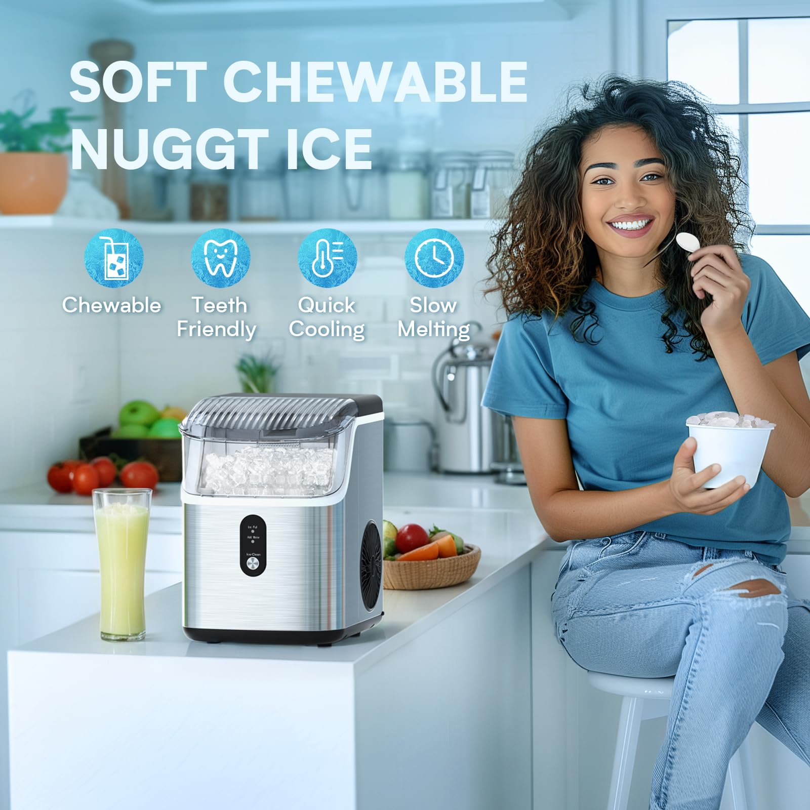 FREE VILLAGE Nugget Ice Makers Countertop, Pebble Ice Maker Machine with Soft Chewable Ice, 35lbs/24H, Self-Cleaning, One-Click Operation, Stainless Steel, Pellet Ice Maker for Home Kitchen Office