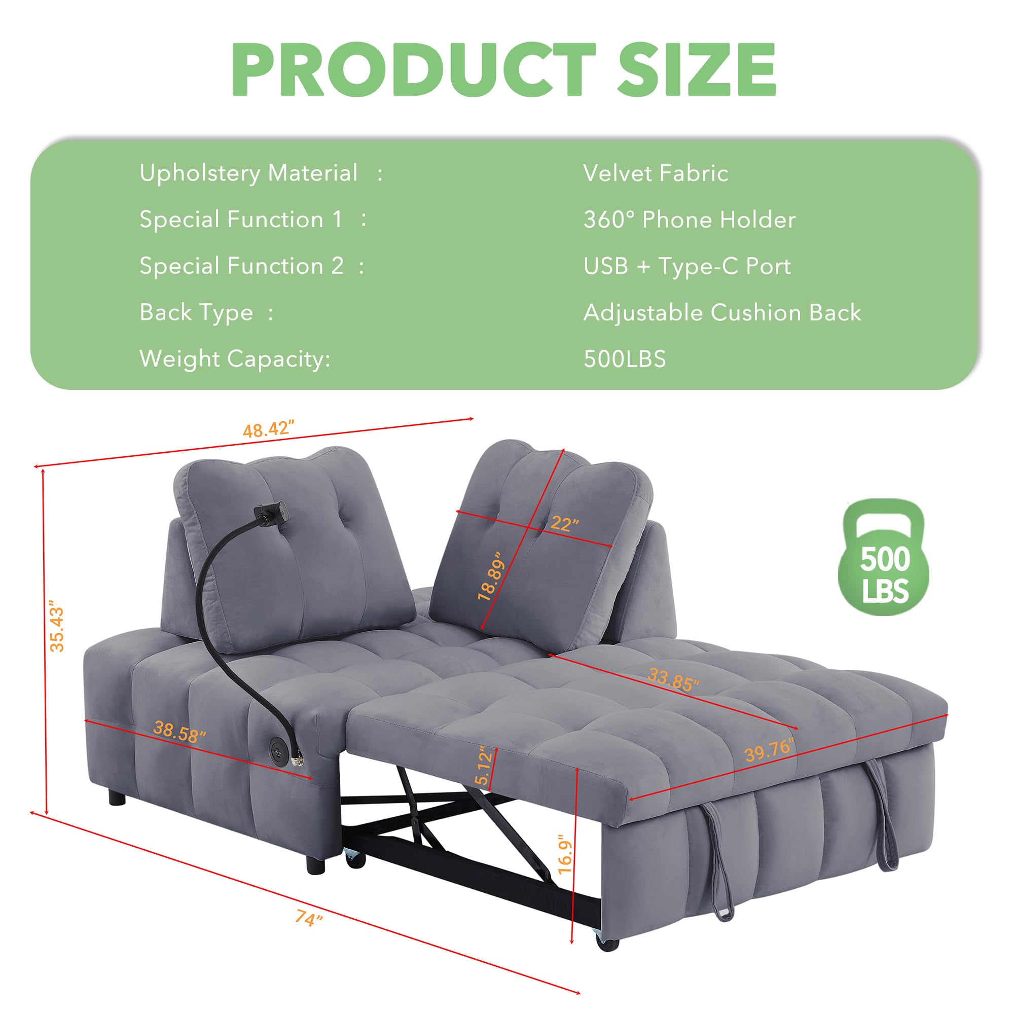 UPYOOE Modern Pull Out Sofa Bed, Convertible Sleeper Sofa Bed Twin Size, with USB Port, Velvet Upholstery Couch, Phone Holder, Chaise Lounge for Small Spaces, Living Room, Apartment, RV, Bedroom, Grey