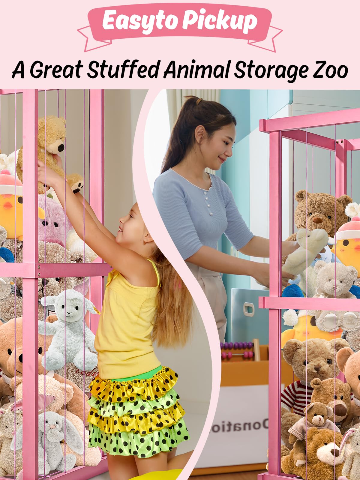 Feidyns Zoo Stuffed Animal Storage Wood, Extra Large Stuffed Animal Toy Zoo Storage Stuffed Animal Zoo Storage Holder Standing with Nets for Nursery Play Room Bedroom, Pink