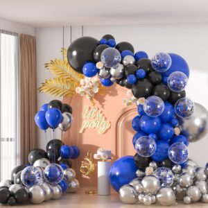 136pcs blue and black balloons garland arch kit, 18 12 10 5 inch black royal blue silver confetti balloons different size pack for birthday graduation new year eve party decoration