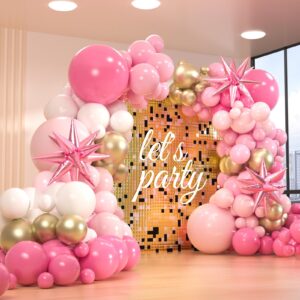 161pcs pink balloons arch kit, pastel macaron pink and gold white balloons with 3pcs starburst foil balloons for birthday baby shower bridal shower wedding valentine’s party decorations